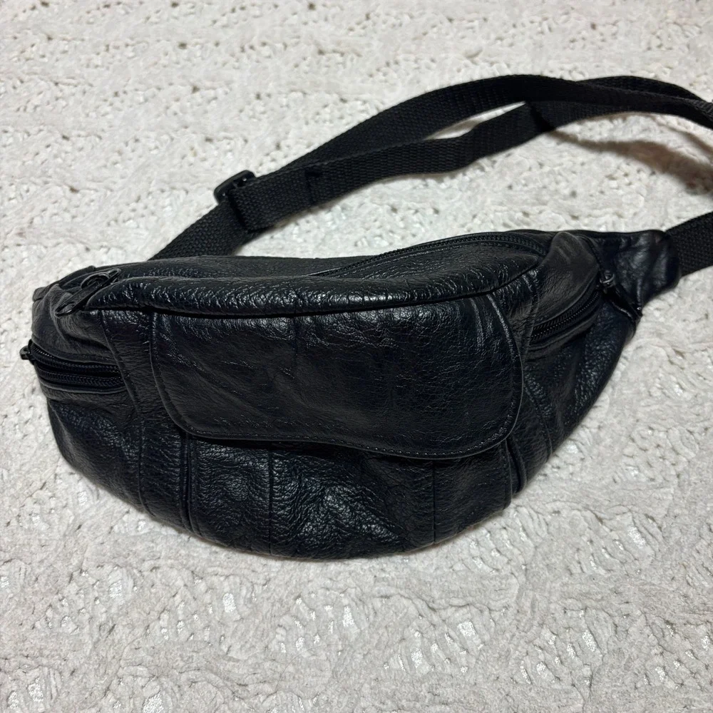 Genuine Leather Fanny Pack Black Solid Multiple Pockets Waist Bag‎ VTG